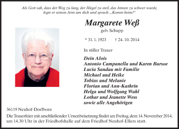 Traueranzeige von Margarete Weß 