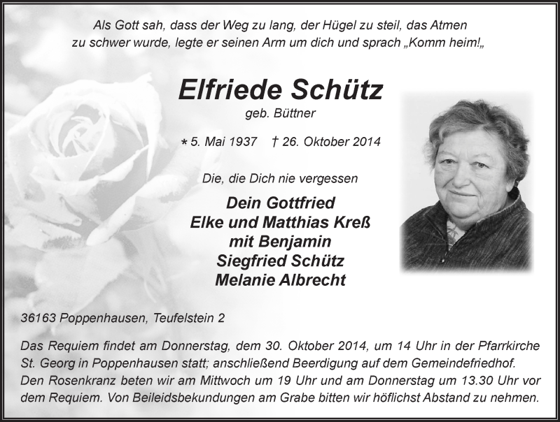  Traueranzeige für Elfriede Schütz vom 28.10.2014 aus 