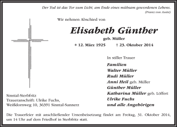 Traueranzeige von Elisabeth Günther 