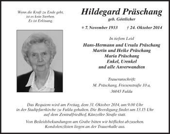 Traueranzeige von Hildegard Präschang 
