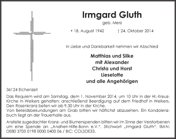 Traueranzeige von Irmgard Gluth 