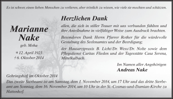 Traueranzeige von Marianne Nake 