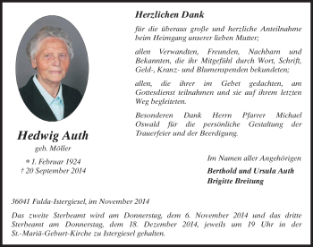 Traueranzeige von Hedwig Auth 