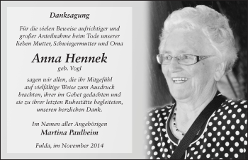 Traueranzeige von Anna Hennek 