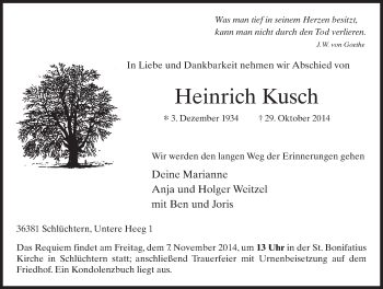 Traueranzeige von Heinrich Kusch 