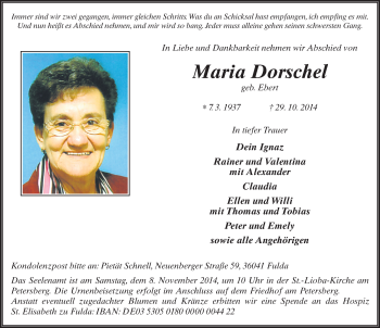 Traueranzeige von Maria Dorschel 