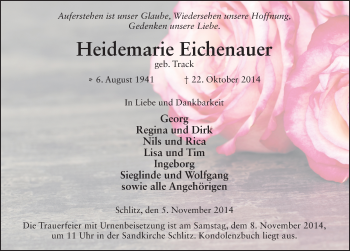 Traueranzeige von Heidemarie Eichenauer 