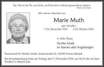 Traueranzeige von Marie Muth 