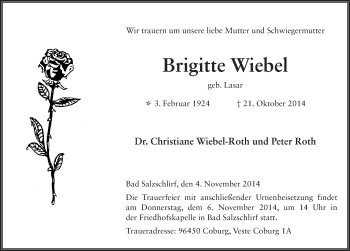 Traueranzeige von Brigitte Wiebel 