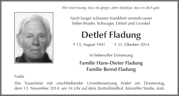 Traueranzeige von Detlef Fladung 