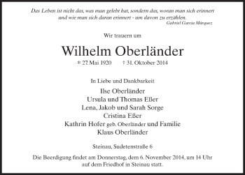 Traueranzeige von Wilhelm Oberländer 