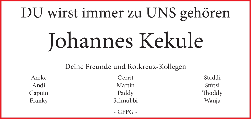  Traueranzeige für Johannes Kekule vom 04.11.2014 aus 