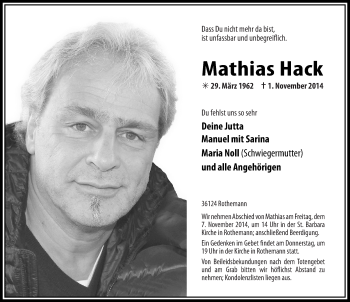 Traueranzeige von Mathias Hack 