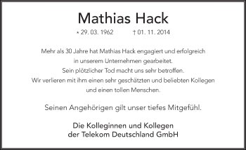 Traueranzeige von Mathias Hack 