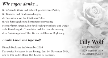 Traueranzeige von Tilly Wolf 