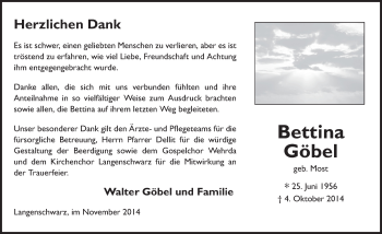 Traueranzeige von Bettina Göbel 