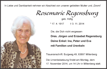 Traueranzeige von Rosemarie Regensburg 