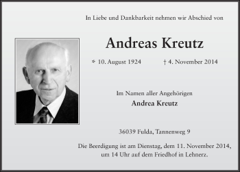 Traueranzeige von Andreas Kreutz 