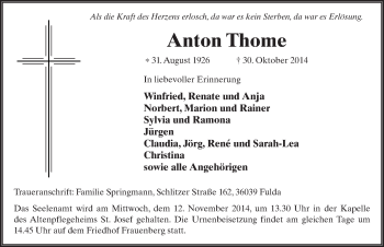 Traueranzeige von Anton Thome 