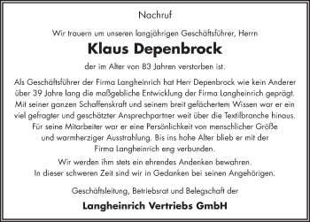 Traueranzeige von Klaus Depenbrock 