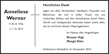 Traueranzeige von Anneliese Werner 