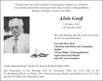 Traueranzeige von Alois Groß 