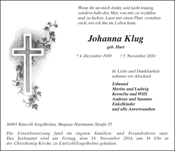 Traueranzeige von Johanna Klug 