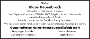 Traueranzeige von Klaus Depenbrock 