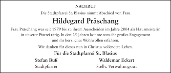Traueranzeige von Hildegard Präschang 