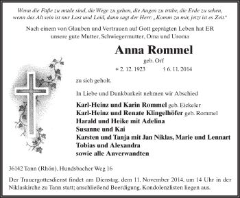 Traueranzeige von Anna Rommel 