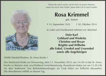 Traueranzeige von Rosa Krimmel 