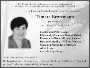 Traueranzeige von Tamara Brotzmann 