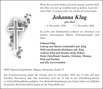 Traueranzeige von Johanna Klug 