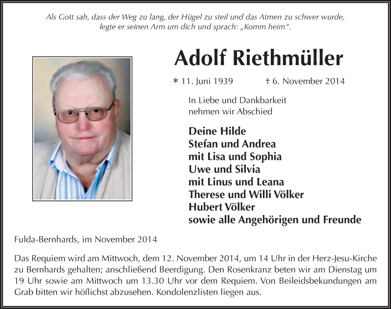  Traueranzeige für Adolf Riethmüller vom 10.11.2014 aus 