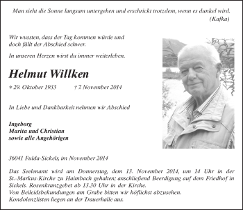 Traueranzeige von Helmut Willken 