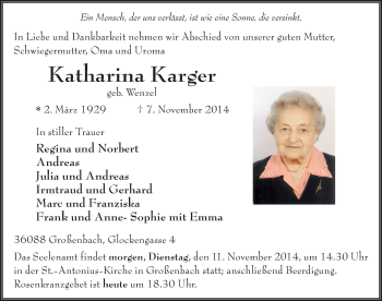 Traueranzeige von Katharina Karger 