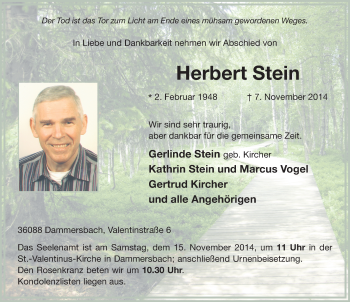 Traueranzeige von Herbert Stein 