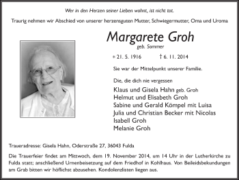 Traueranzeige von Margarete Groh 