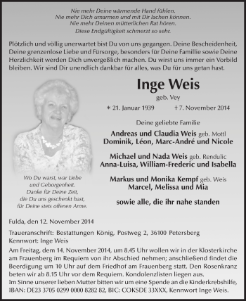 Traueranzeige von Inge Weis 