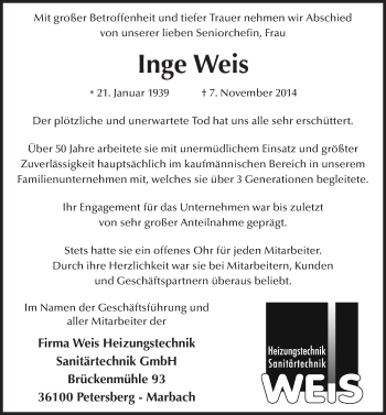 Traueranzeige von Inge Weis 