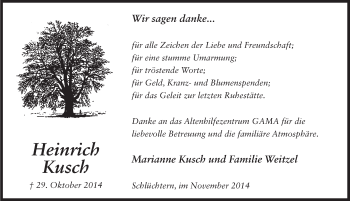 Traueranzeige von Heinrich Kusch 