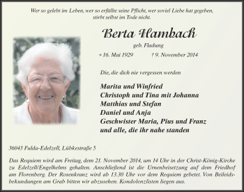 Traueranzeige von Berta Hambach 