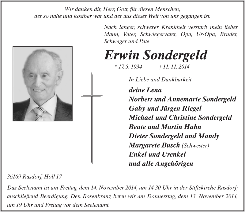  Traueranzeige für Erwin Sondergeld vom 13.11.2014 aus 