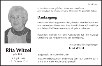 Traueranzeige von Rita Maria Witzel 