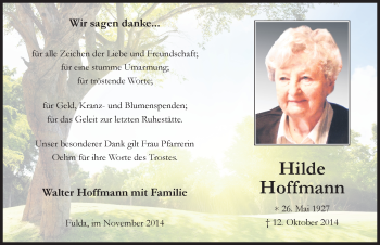 Traueranzeige von Hilde Hoffmann 