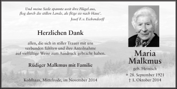 Traueranzeige von Maria Malkmus 