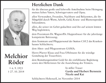 Traueranzeige von Melchior Röder 