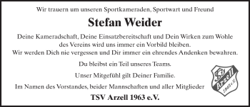 Traueranzeige von Stefan Weider 