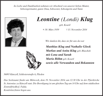 Traueranzeige von Leontine Klug 