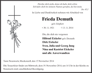 Traueranzeige von Frieda Demuth 